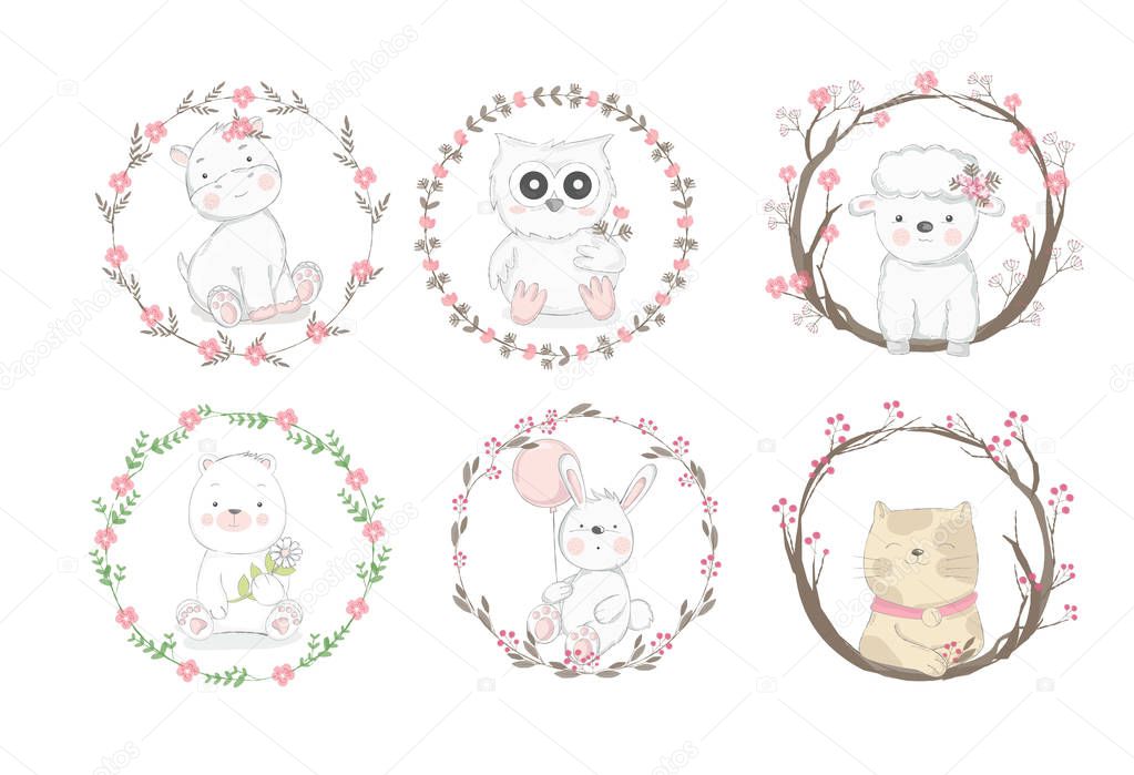 Cute baby animal with flower border cartoon hand drawn style,for printing,card, t shirt,banner,product.vector illustration 