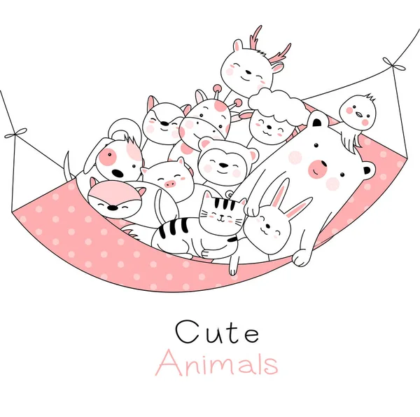 Cute baby animals cartoon hand drawn style, for printing, card, t shirt, banner, product.vector illustration — стоковый вектор