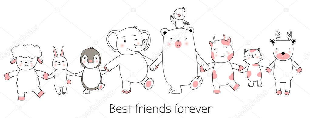 Cute baby animals cartoon hand drawn style,for printing,card, t shirt,banner,product.vector illustration