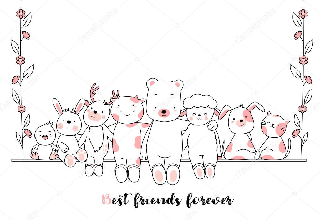 Cute baby animal cartoon hand drawn style,for printing,card, t shirt,banner,product.vector illustration 