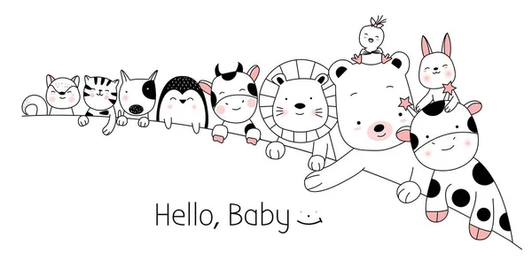 Sevimli bebek hayvanları karikatür el çizilmiş stil, baskı, kart, t shirt, banner, ürün. vektör illüstrasyon — Stok Vektör