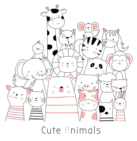Sevimli bebek hayvanları karikatür el çizilmiş stil, baskı, kart, t shirt, banner, ürün. vektör illüstrasyon — Stok Vektör