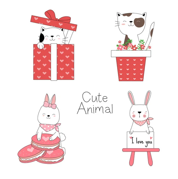 Cute baby animals with flower, gift box, cartoon hand drawn style, for printing, card, t shirt, banner, product.vector illustration — стоковый вектор