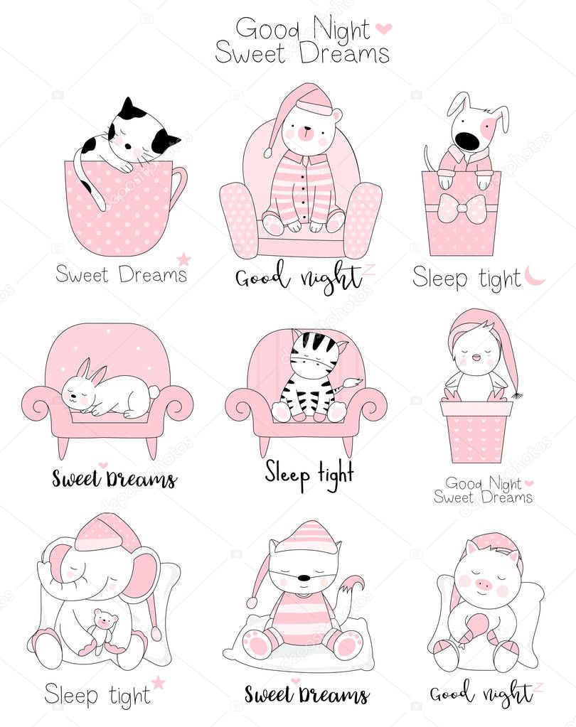 Cute baby animals cartoon hand drawn style,for printing,card, t shirt,banner,product.vector illustration