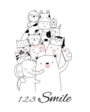 Karikatür el çizilmiş tarzı ile sevimli bebek hayvan, baskı için, kart, t shirt, afiş, product.vector illüstrasyon 
