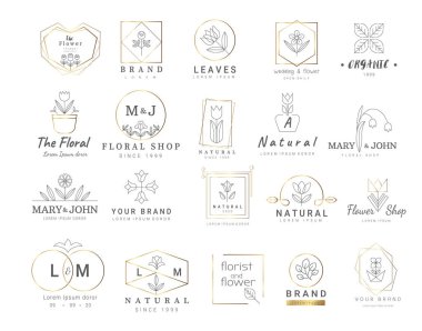 Düğün için Premium Floral logo şablonları, logo, banner, rozet, baskı, ürün, paket. Vector Illustration
