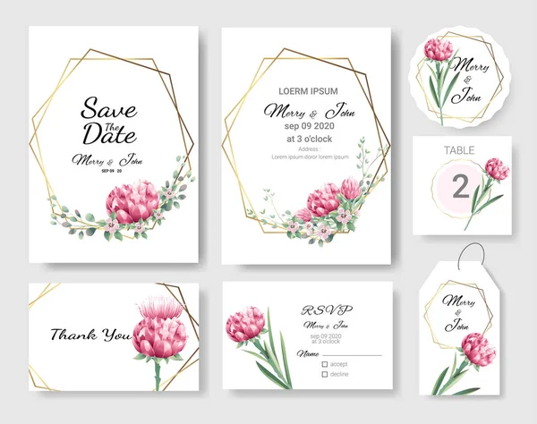 Conjunto de tarjeta de invitación de boda, guardar la fecha gracias tarjeta, rsvp con flores y hojas, borde de oro, estilo acuarela para imprimir, badge.vector ilustración — Archivo Imágenes Vectoriales