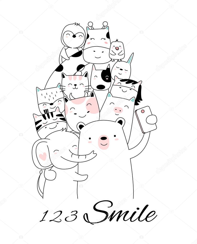 Cute baby animal with cartoon hand drawn style,for printing,card, t shirt,banner,product.vector illustration