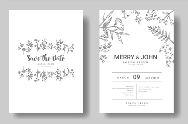 結婚式の招待状のセットは、花と葉、印刷のためのボーダーハンド描き方、バッジ.ベクトルイラストと日付ありがとうカードを保存します — ストックベクタ