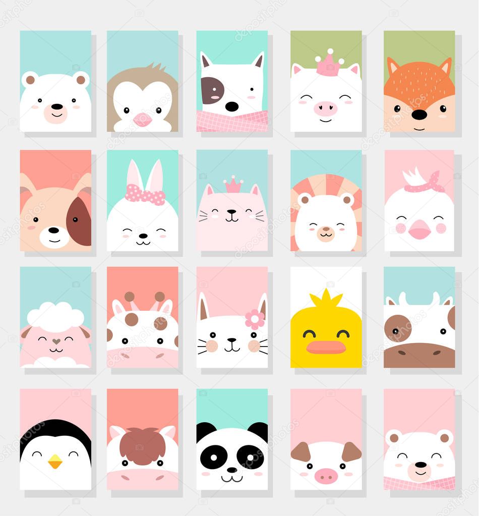 set cute baby animals with card for printing,greeting card,badge,happy birthday, t shirt,banner,product.vector illustration