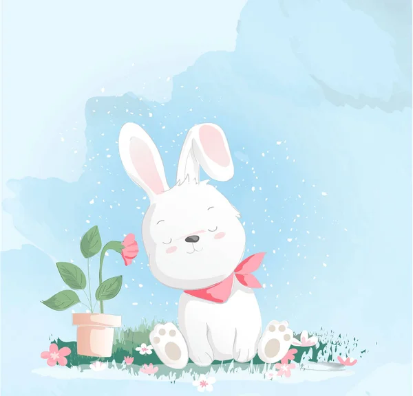 かわいい赤ちゃんウサギの水彩画スタイル、印刷用、カード。ベクトルイラストレーション — ストックベクタ