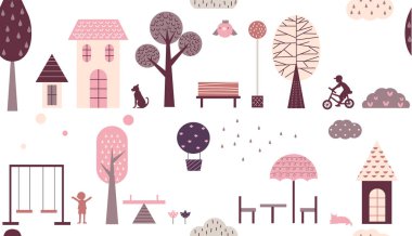 kumaşlar, tekstil, çocuk giyim, ambalaj kağıdı, vektör illüstrasyon için peyzaj dikişsiz desen,