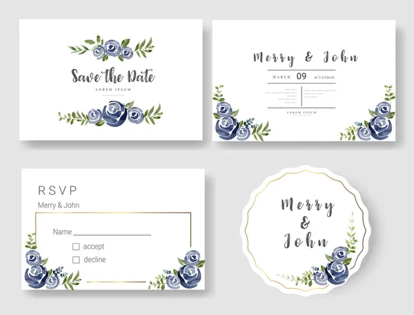 Conjunto de tarjeta de invitación de boda, guardar la fecha gracias tarjeta, rsvp con flores y hojas, estilo acuarela para imprimir, badge.vector ilustración — Archivo Imágenes Vectoriales
