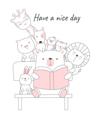 Baskı, kart, t shirt, banner, ürün için kalp karikatür el çizilmiş tarzı ile sevimli bebek hayvan. vektör illüstrasyon 