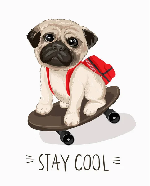 Tipografía eslogan y cachorro dibujado a mano pug con skateboarding para imprimir, t shirt.vector ilustración — Archivo Imágenes Vectoriales