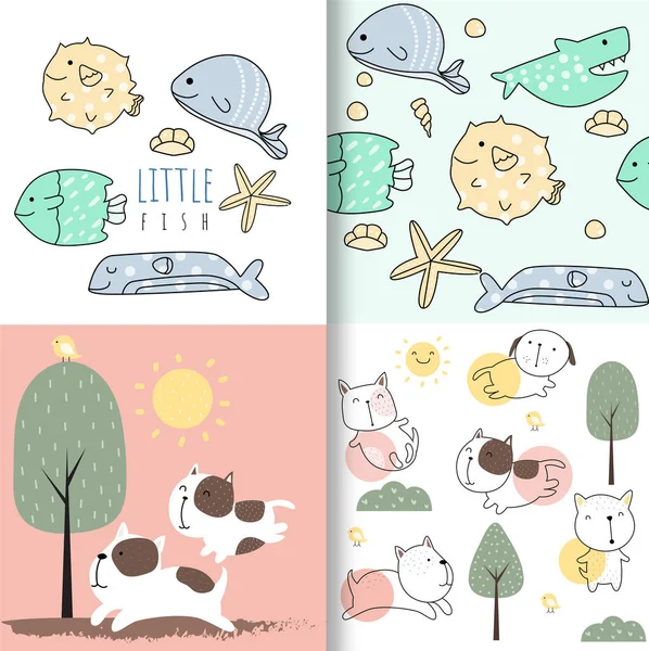 Słodkie Baby Fish and Dog bez szwu wzór, na tkaniny, tekstylia, Odzież dziecięca, papier pakowy, wektor ilustracji — Wektor stockowy