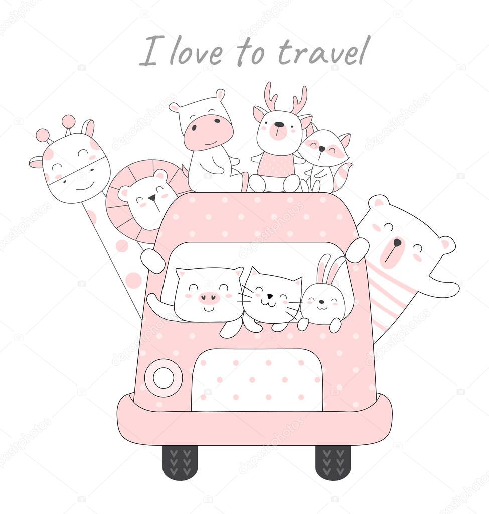 Cute baby animal with car cartoon hand drawn style,for printing,card, t shirt,banner,product.vector illustration