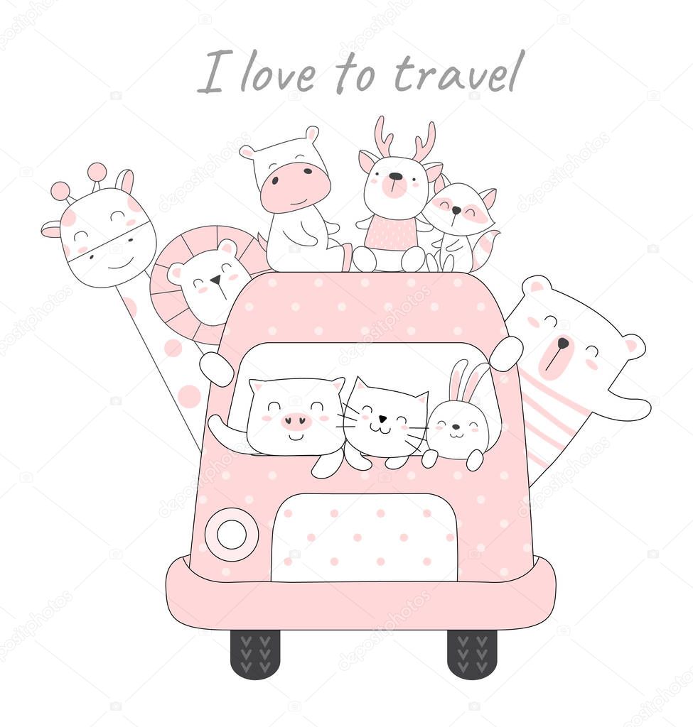 Cute baby animal with car cartoon hand drawn style,for printing,card, t shirt,banner,product.vector illustration 