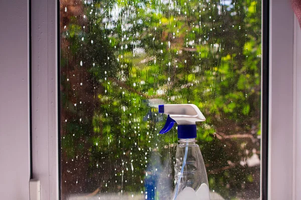 Dirty Window Wetted Foam Bottle Detergent Glass Tree Green Leaves — Stock Photo, Image