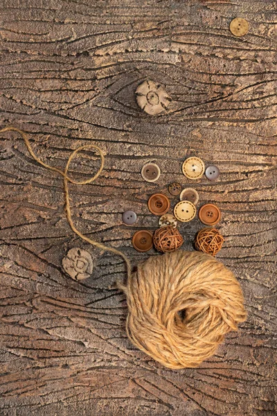 Σπάγγος Γιούτας Κουμπιά Καφέ Φλοιό Δέντρου Χόμπι Φόντο Αντιγραφή Χώρου — Φωτογραφία Αρχείου