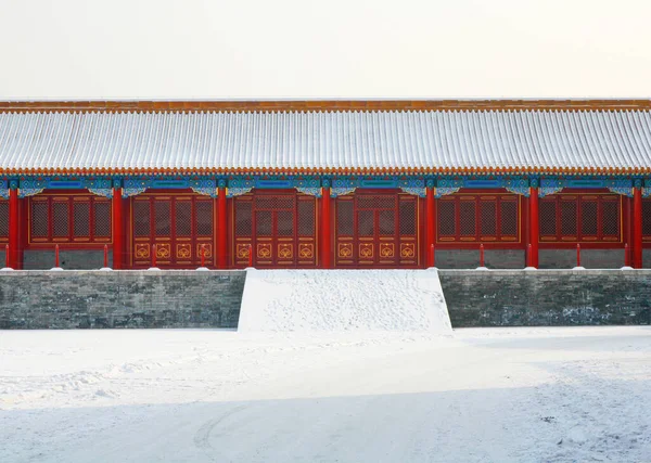 Snow covered red chinese building in Beijing