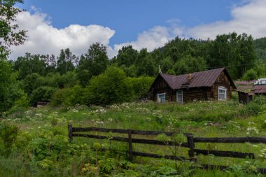 Eski ahşap kahverengi kır evi yeşil bir ormanın yanında duruyor, bir çimenlik ve çitin yanında, bulutlu mavi gökyüzü.