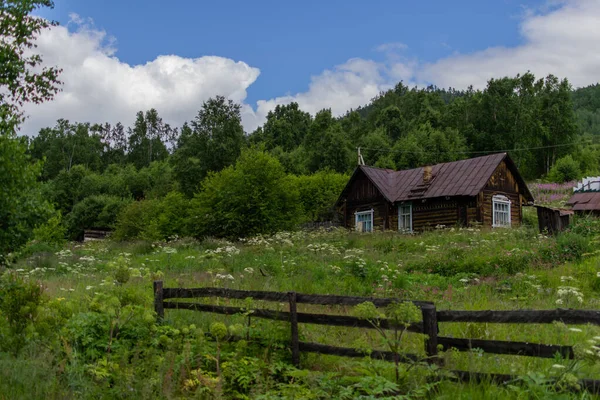 Eski ahşap kahverengi kır evi yeşil bir ormanın yanında duruyor, bir çimenlik ve çitin yanında, bulutlu mavi gökyüzü.