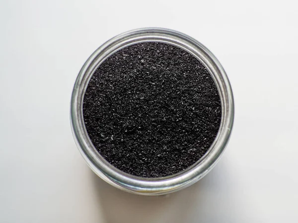 Activated Charcoal Powder Cosmetic Face Masks Jar Top View Copy — Stock Photo, Image