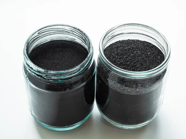 Activated Carbon Powder Cosmetic Face Mask Two Glass Jars Side — Stock Photo, Image