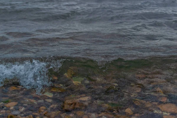 Bright Gray Green Waves Lake Baikal Pebbles Stones Water Coast — Stock Photo, Image