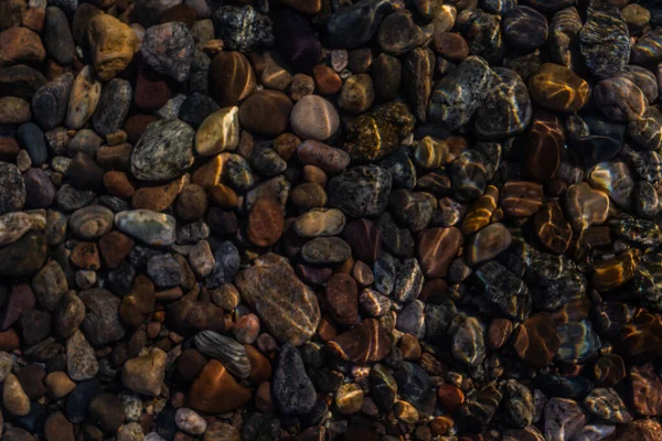 parlak renkli mavi altın küçük çakıl taşları berrak sularda parıldıyor ışıkta, sahil gölü baykal