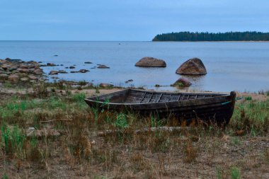 Ladoga Gölü 'nün kumlu taşlı kıyısında, ufukta orman olan eski ahşap bir tekne.