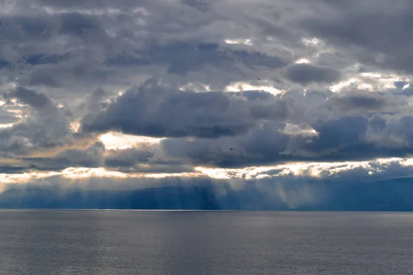 Evening Bright Yellow Sunset Silvery Gray Blue Clouds Lake Baikal — Stock Photo, Image