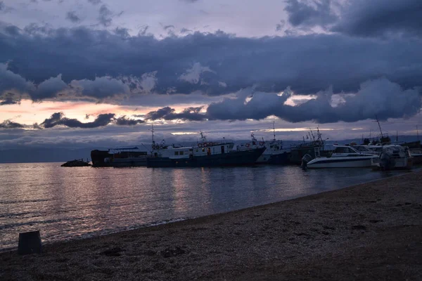 Sunset Blue Dark Clouds Sky Bay Lake Baikal Jetty Mole — Stock Photo, Image