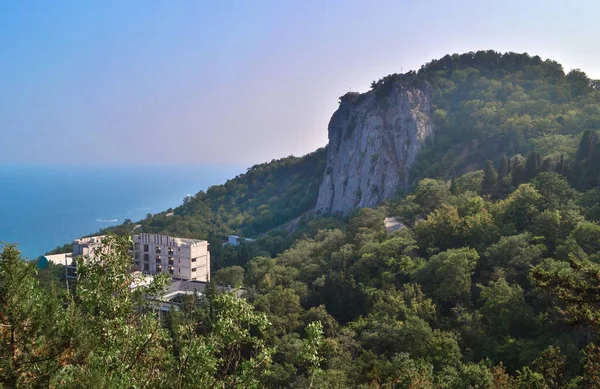 top view of resort town with white buildings on shore of Black Sea bay among cliff mountains, blue water, summer, green forest, trees in the foreground, sunlight