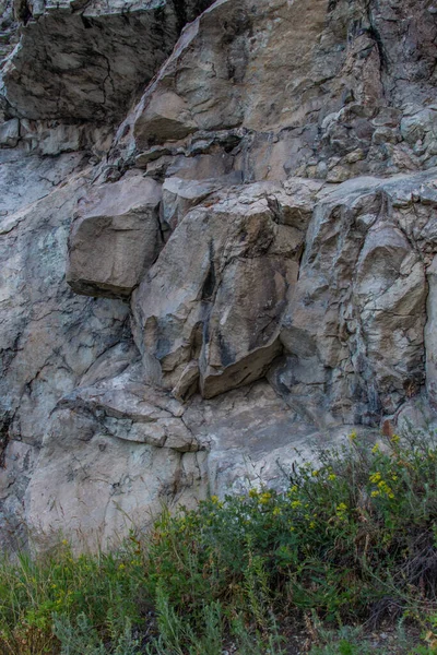 绿草生长在粗糙的石质轻质岩石附近 米黄色的悬崖上有裂缝 不同层次的板 贝加尔山 — 图库照片