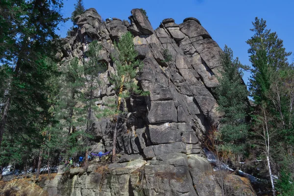 Gran Roca Escalada Alta Áspera Vityaz Bosque Siberia Con Coníferas — Foto de Stock