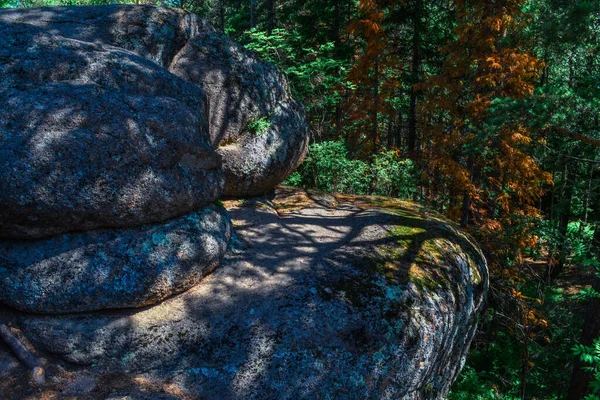 Roca Texturizada Piedra Naranja Rugosa Cubierta Musgo Luz Del Sol — Foto de Stock