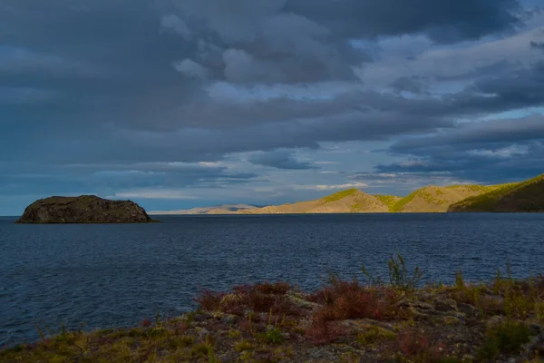 Rive Herbe Rouge Baie Lac Baikal Automne Eau Bleue Avec — Photo