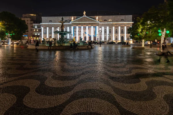 Queen Maria National Theatre Lisbon Portugal Lighted Christmas — Stock Photo, Image