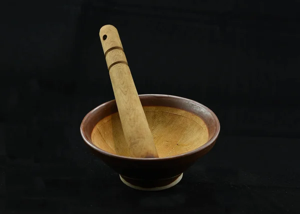 Seramik Kahverengi Suribachi Havan topu ve Tahta Pestle