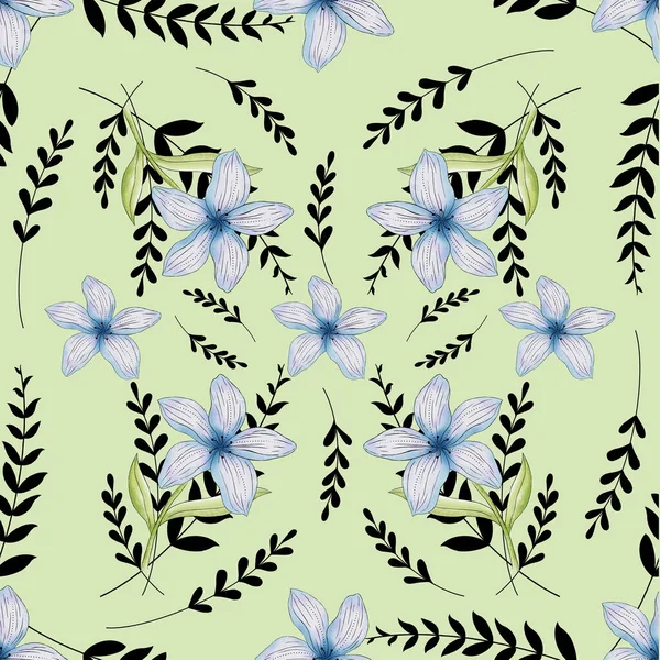 Açık yeşil arkaplanda mavi çiçek deseni
