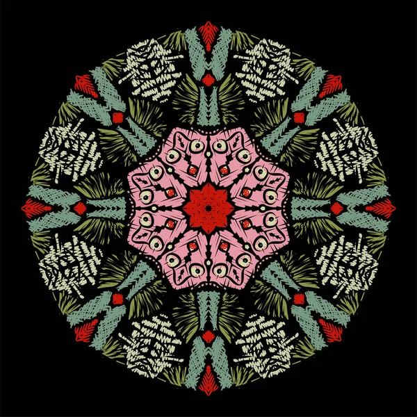 Schöne Mandala Ornament Stickstichen Stil Dekoration Auf Schwarzem Hintergrund Für — Stockvektor