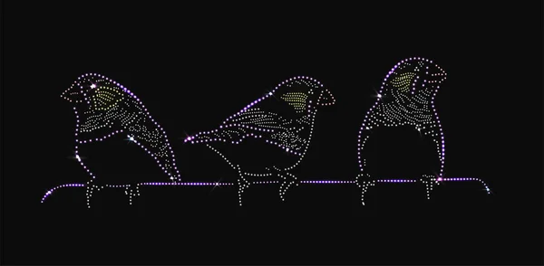 三只在黑色背景下用宝石或水钻制作的鸟 — 图库矢量图片