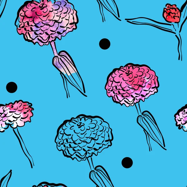 Nahtloses Muster Mit Aquarell Rosa Gänseblümchen Auf Blauem Hintergrund — Stockvektor