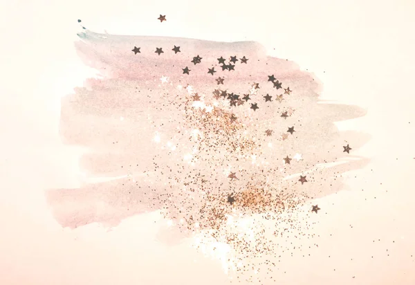 Χρυσά Glitter Και Λαμπερά Αστέρια Στην Αφηρημένη Ροζ Ακουαρέλα Βουτιά — Φωτογραφία Αρχείου