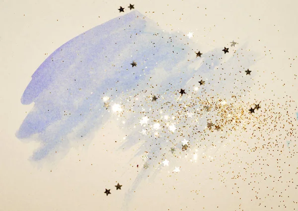 Étoiles Dorées Scintillantes Scintillantes Sur Aquarelle Bleue Abstraite Éclaboussant Couleurs — Photo