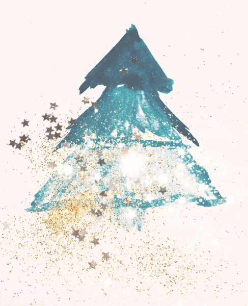 Glitter Glinsterende Sterren Abstract Blue Aquarel Christmas Treein Vintage Nostalgische — Stockfoto