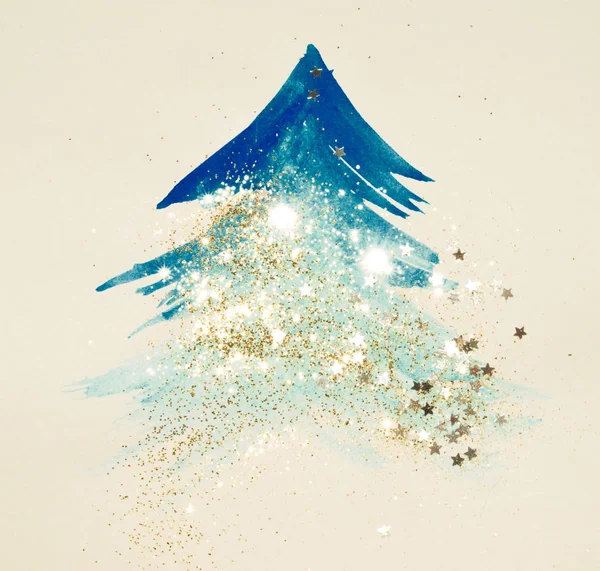 Étoiles Scintillantes Scintillantes Sur Aquarelle Bleue Abstraite Arbre Noël Vintage — Photo