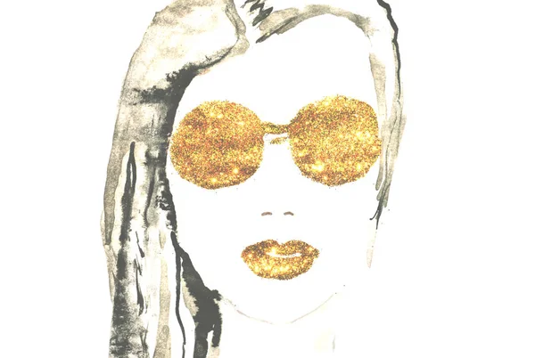 Watercolor Beautiful Woman Golden Glittering Lips Eyeglasses White Background — Stock Photo, Image